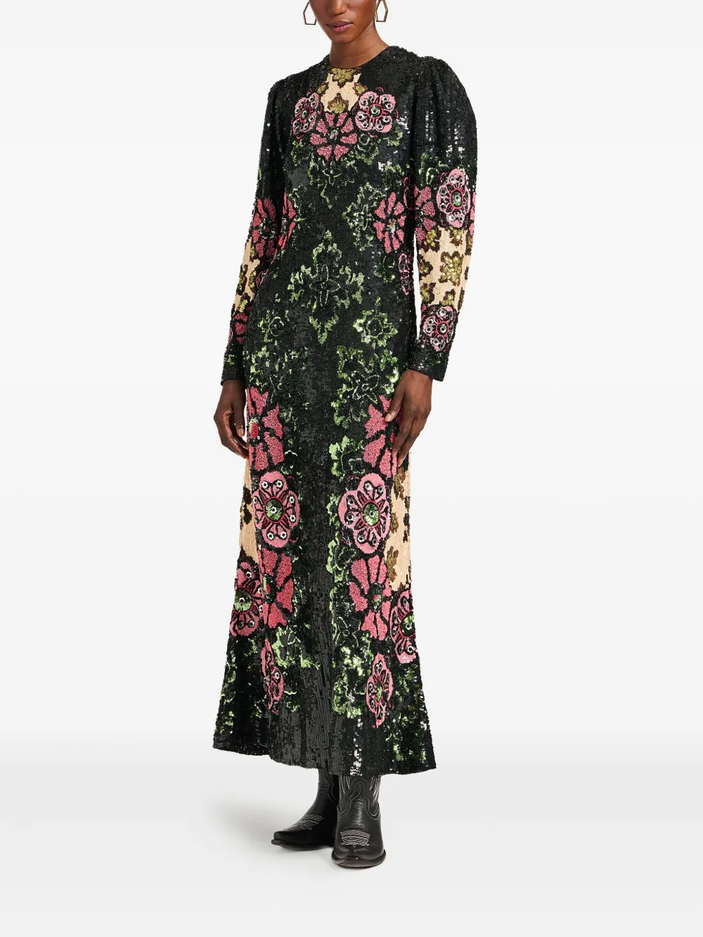 La DoubleJ Maxi-jurk met geborduurde pailletten en bloemenprint - Zwart