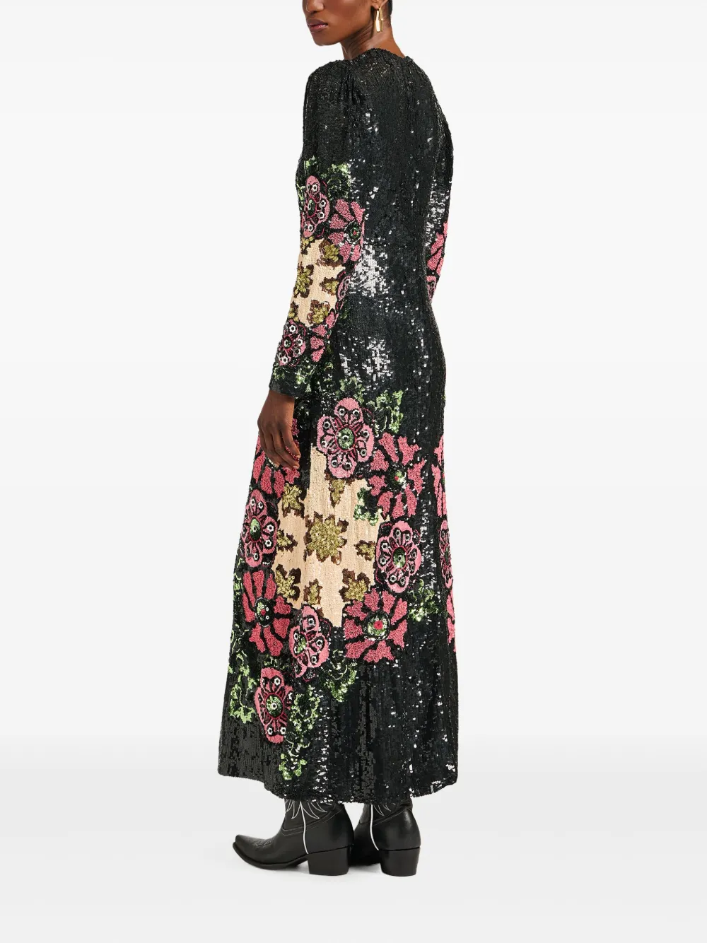 La DoubleJ Maxi-jurk met geborduurde pailletten en bloemenprint Zwart