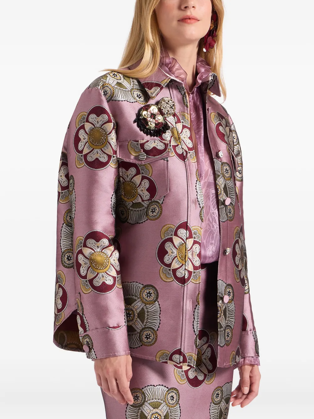 La DoubleJ Shirtjack met bloemenprint en jacquard Roze