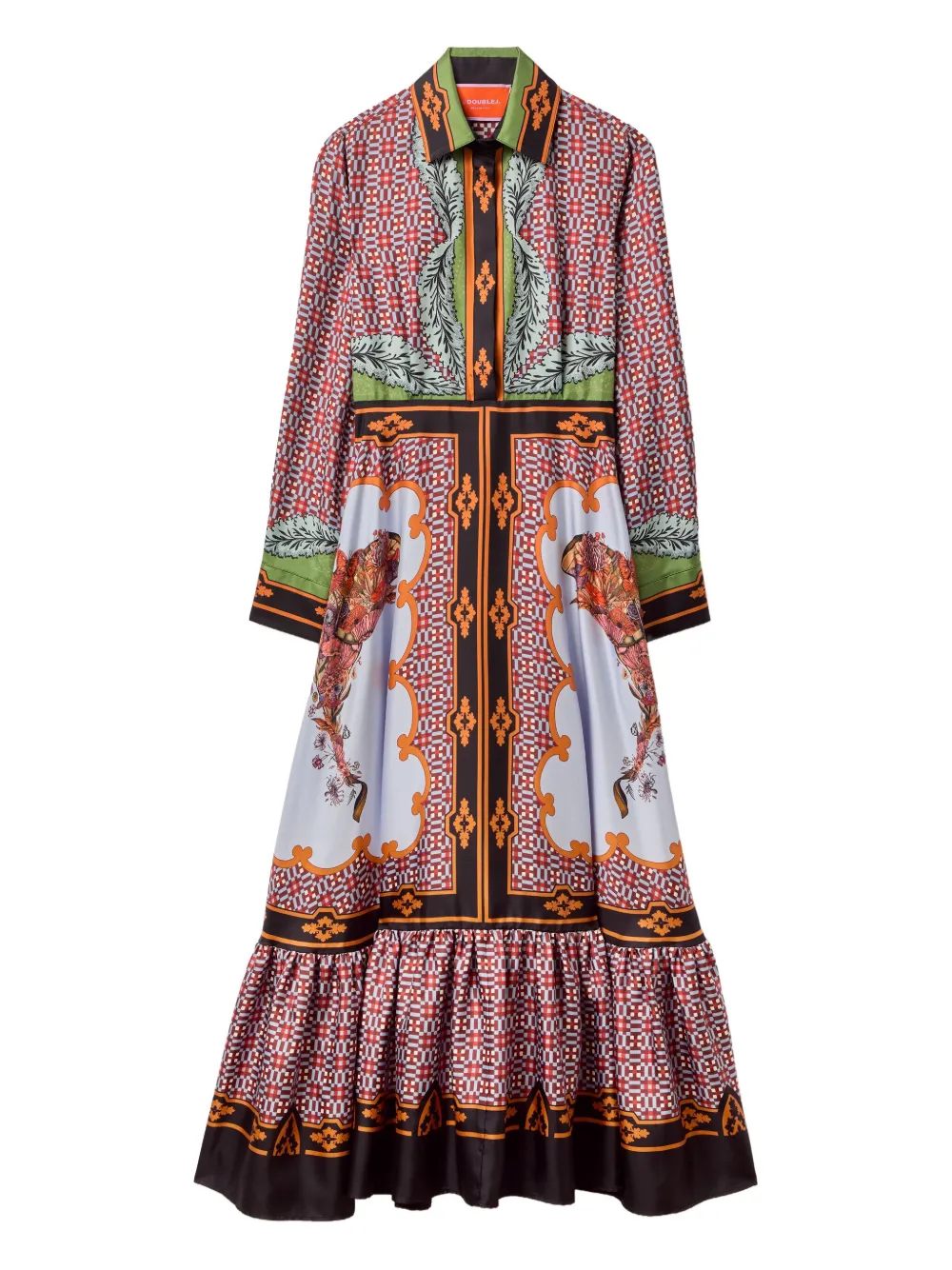 La Doublej Long-sleeved Patterned Silk Midi Day Dress In Pink