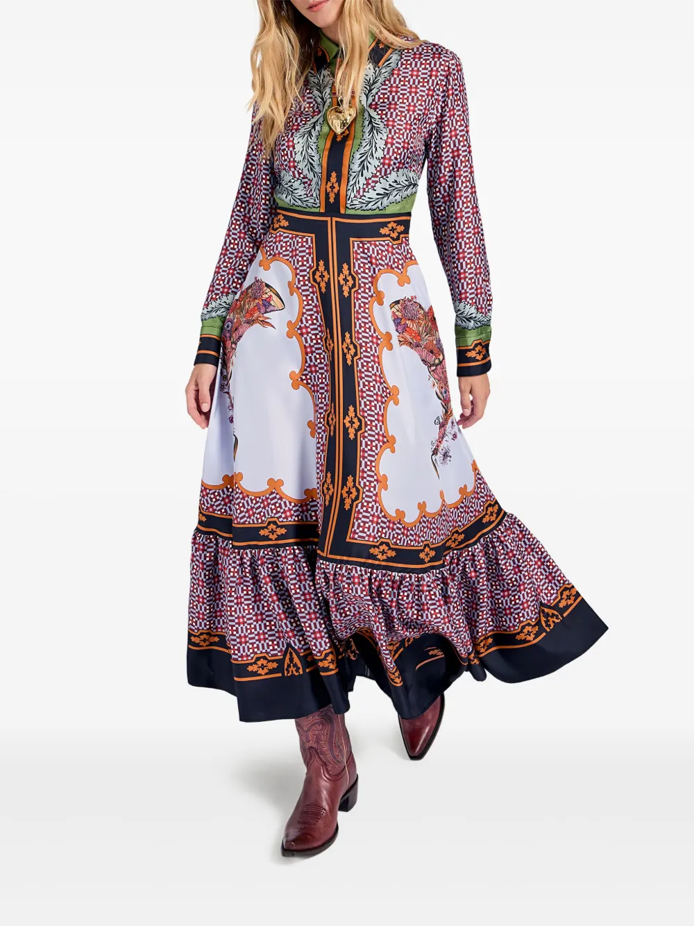 La Doublej Long-sleeved Patterned Silk Midi Day Dress In Pink