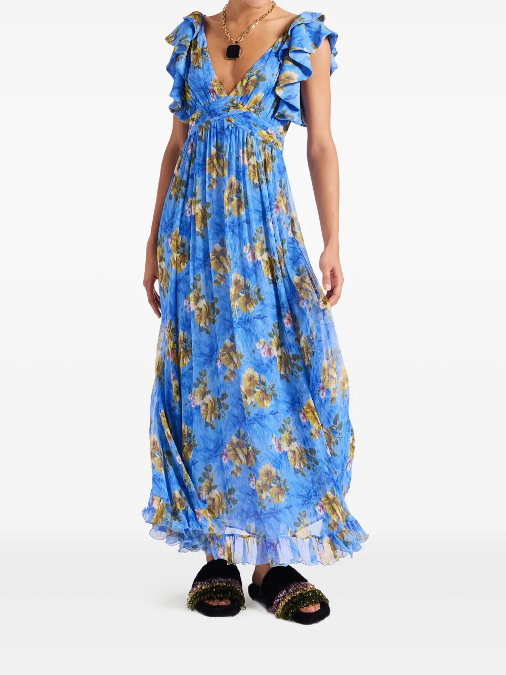 La DoubleJ Maxi-jurk met bloemenprint en ruches Blauw