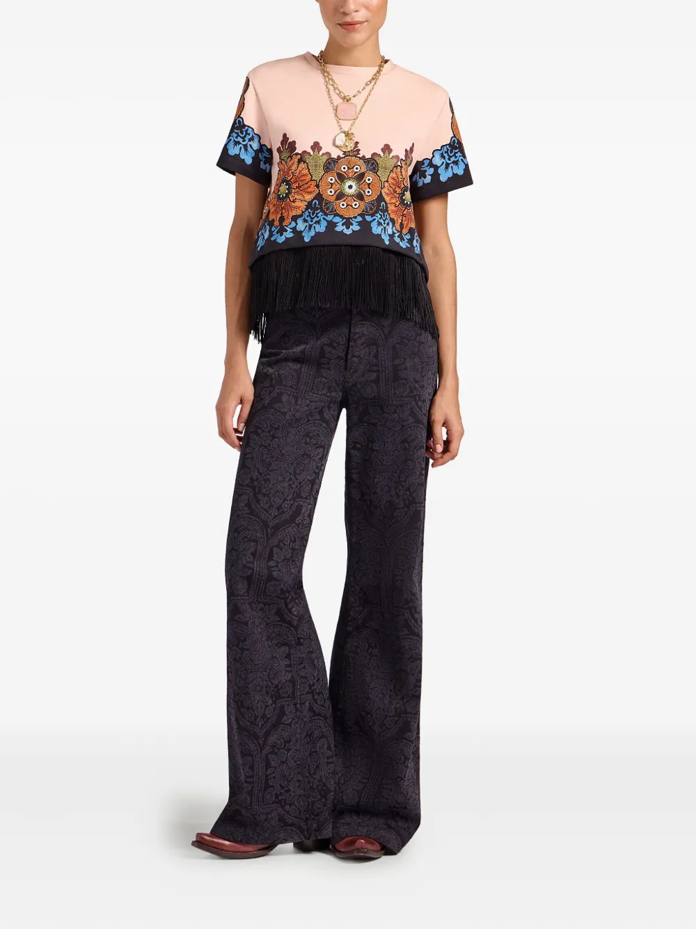 La Doublej Floral-print Fringe T-shirt In Pink
