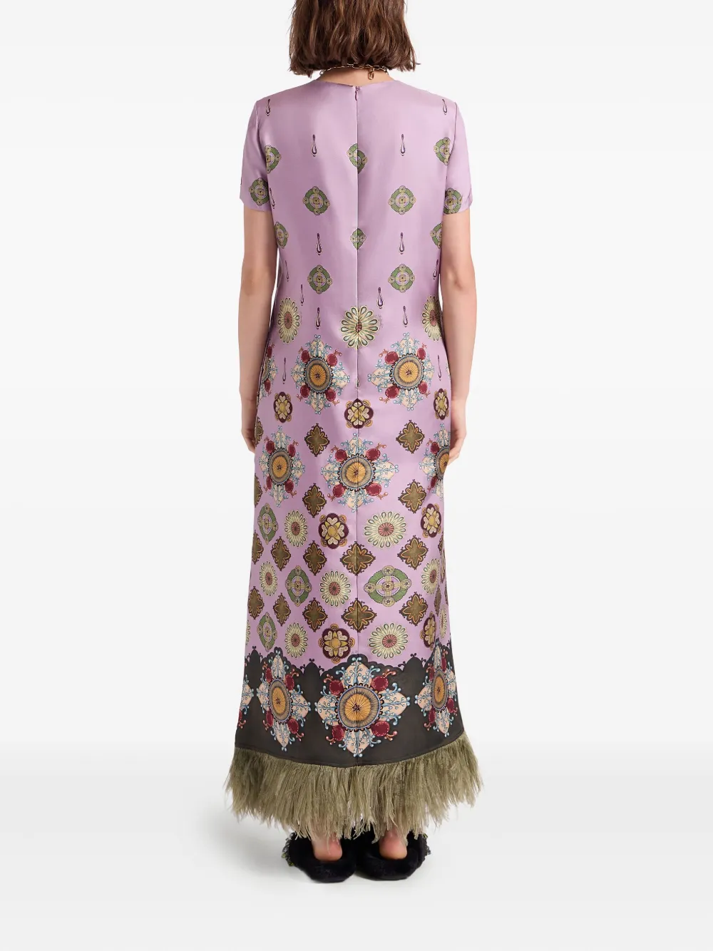 La DoubleJ Swing feather-trimmed maxi dress Roze