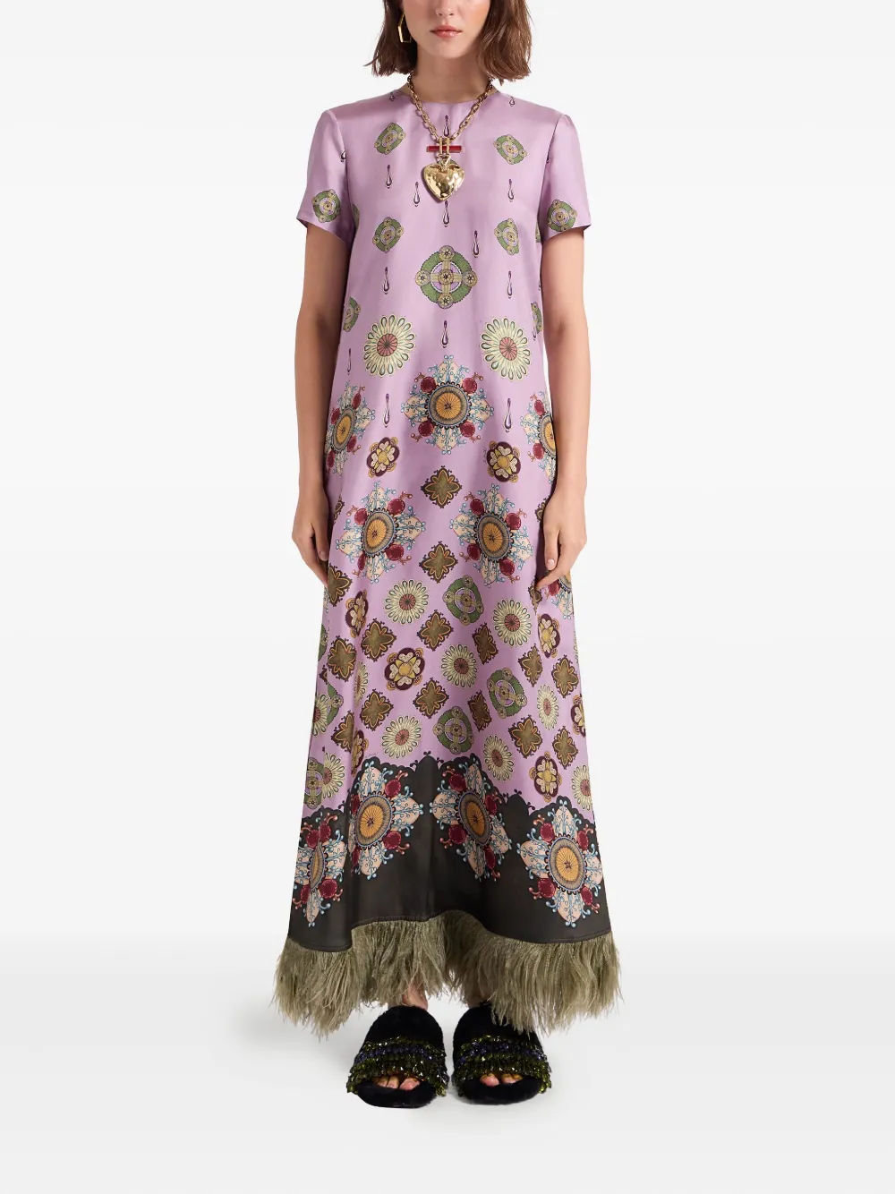 La DoubleJ Swing feather-trimmed maxi dress Roze
