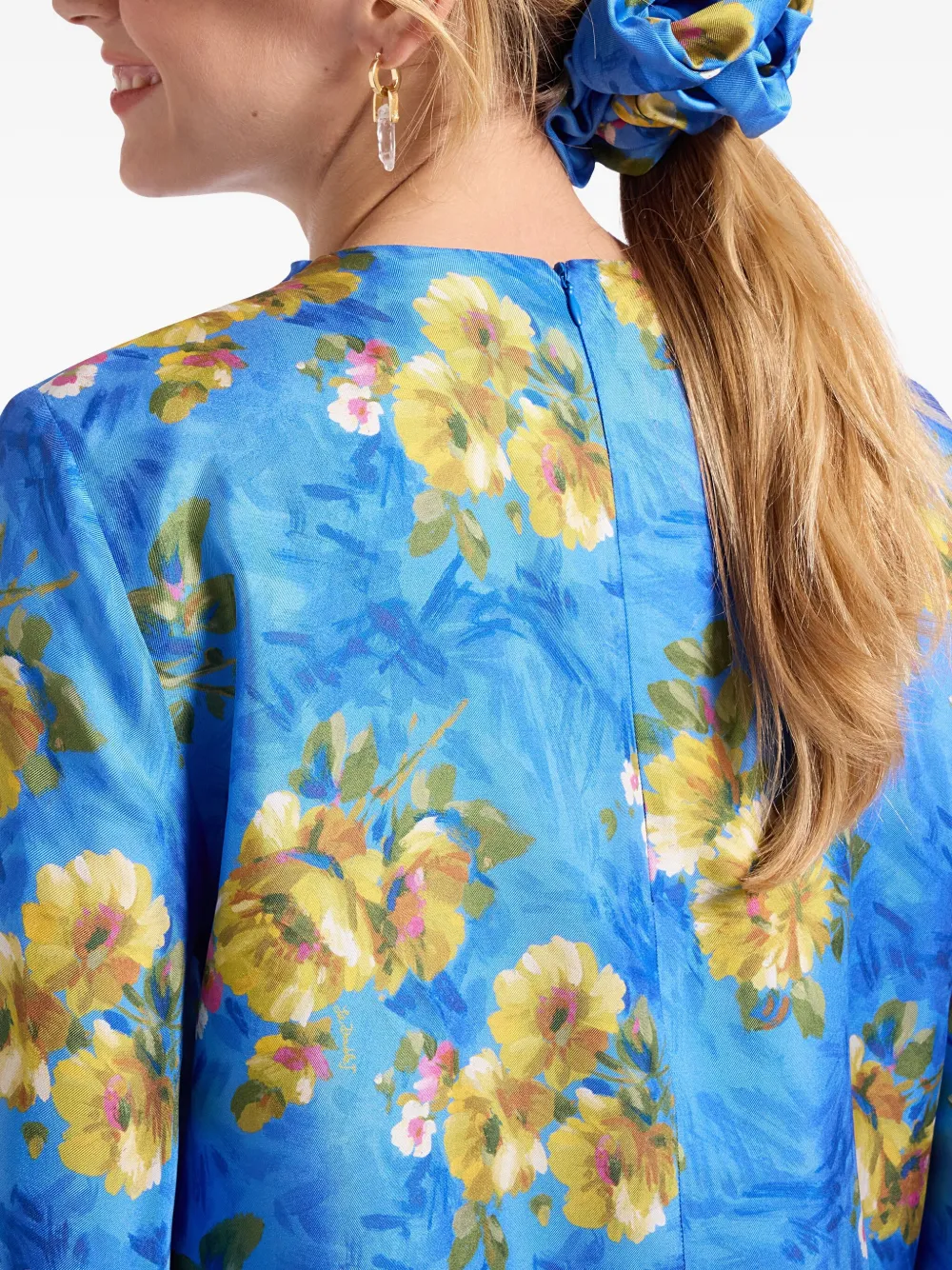 La DoubleJ Giga zijden scrunchie met bloemen Blauw