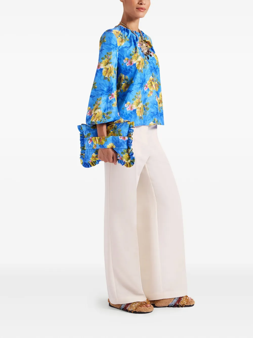 La DoubleJ Top met ballonmouwen en bloemenprint Blauw