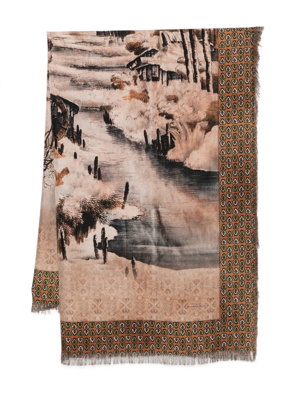 landscape-print fringed scarf