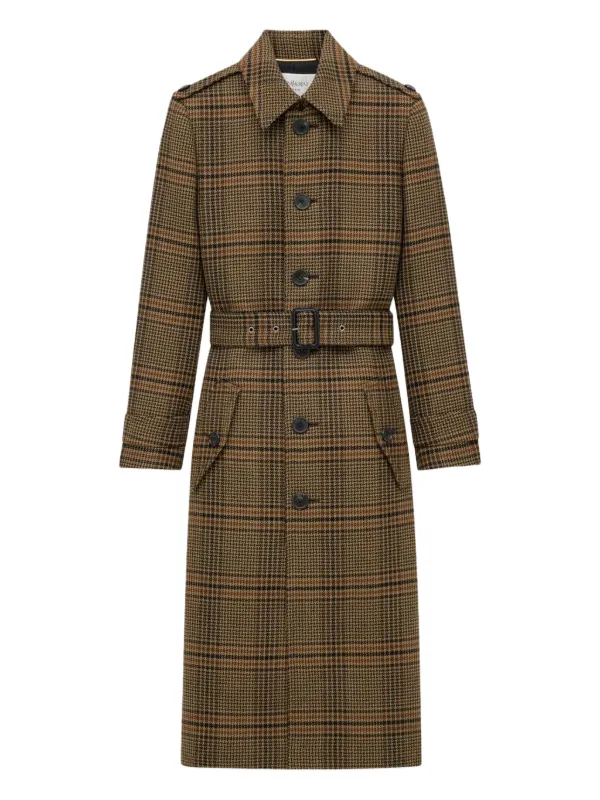 Saint Laurent Prince of Wales Check Belted Coat in Brown