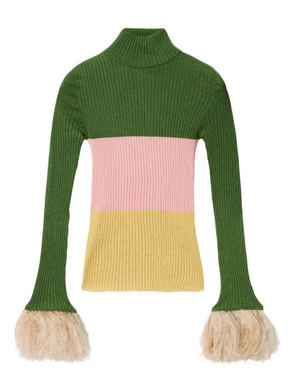 La DoubleJ Feather-trimmed Colour-block Sweater in Green