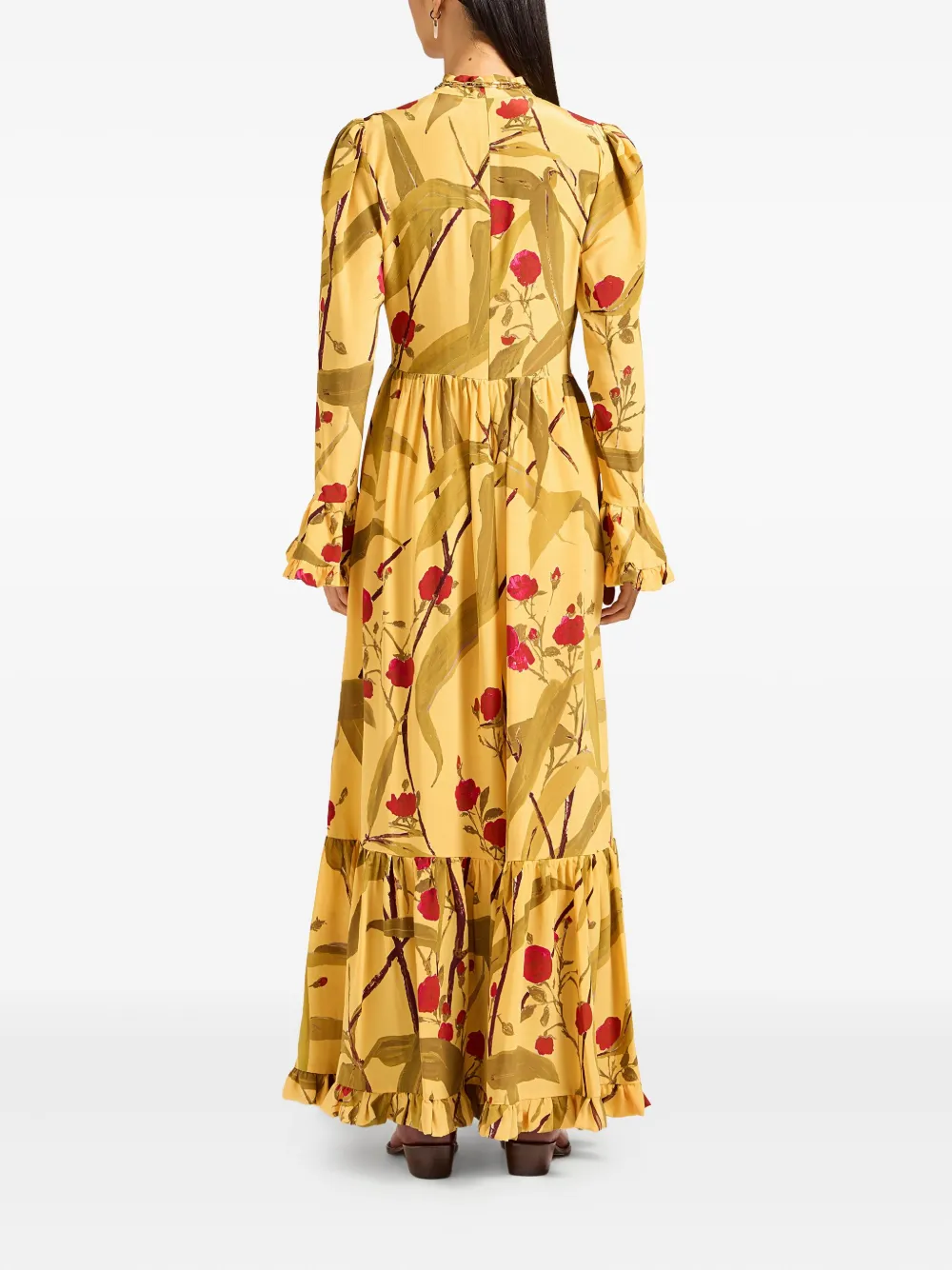 La Doublej Floral-print Ruffled Maxi Day Dress In Brown