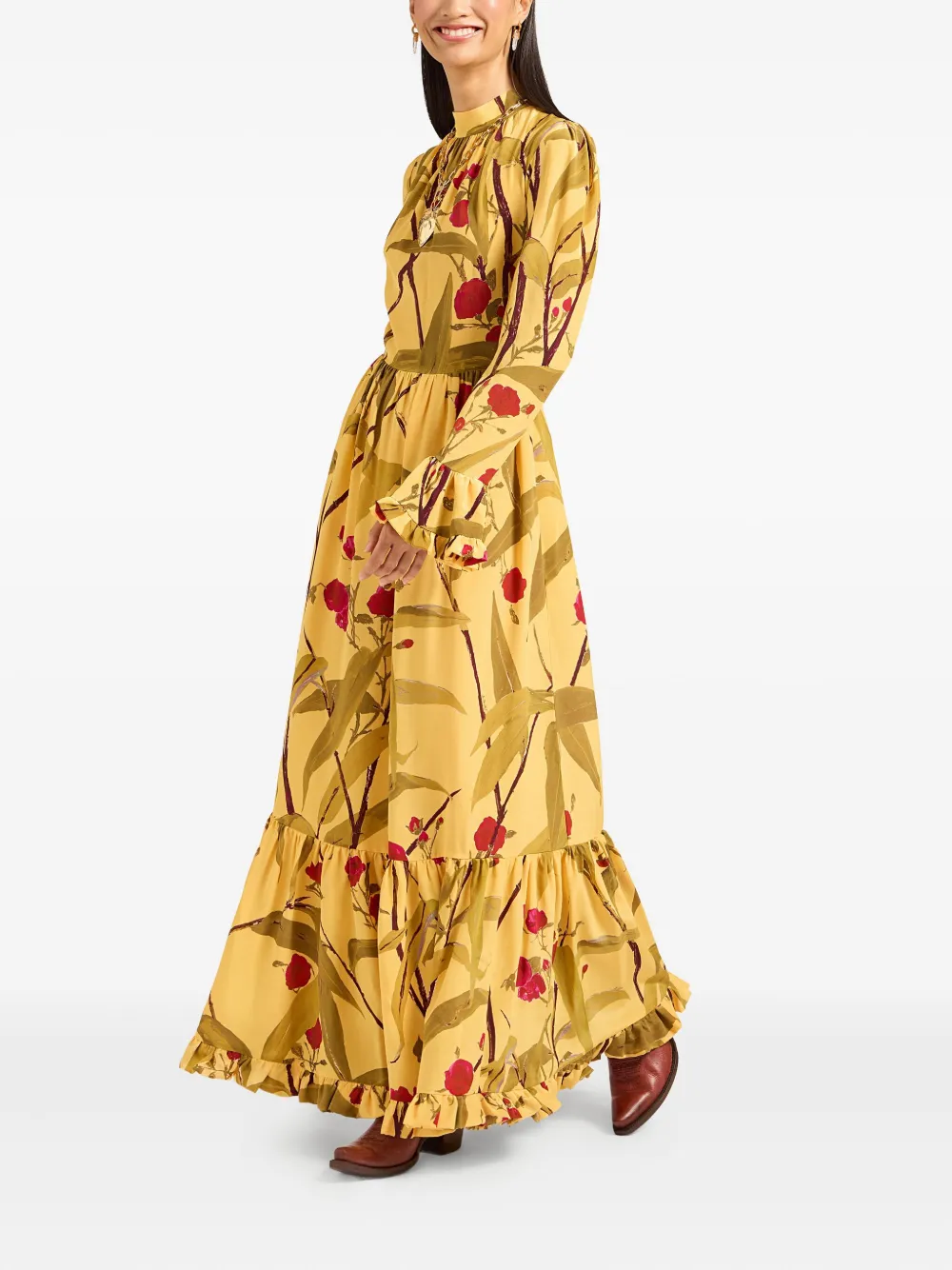 La DoubleJ floral-print ruffled maxi day dress - Geel