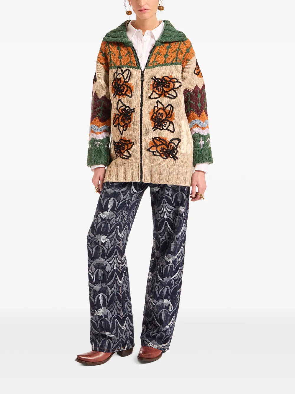  La Doublej Floral-embroidered Cardigan - Neutrals 