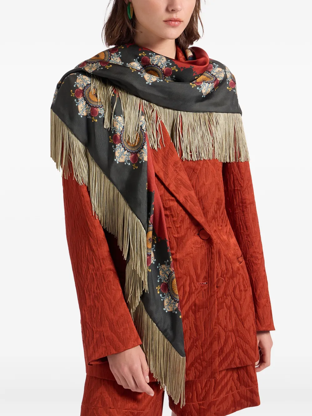 La DoubleJ floral-print fringed scarf Rood