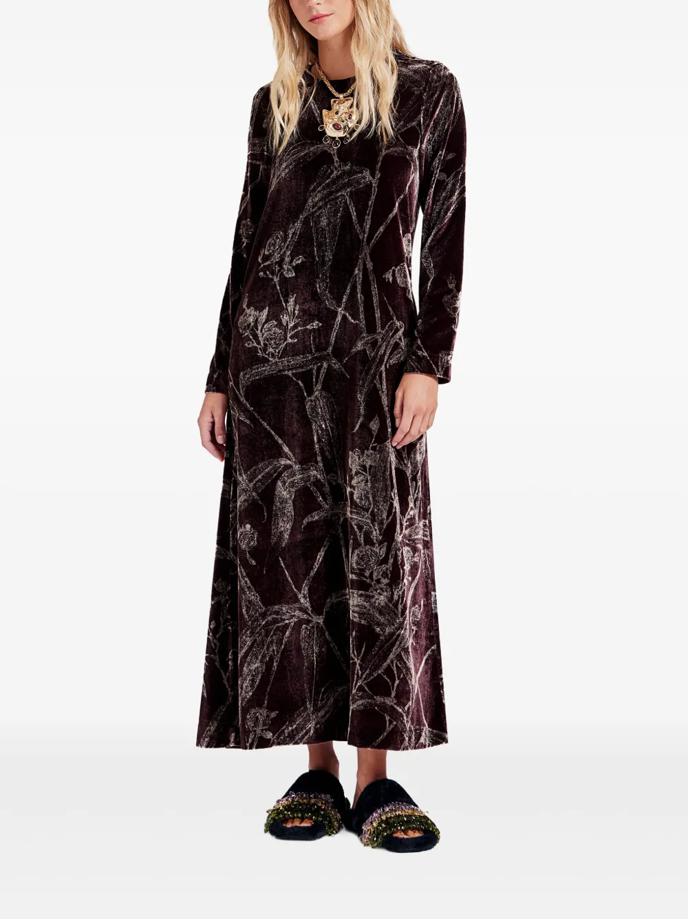 La DoubleJ Maxi-jurk met bamboe print en lange mouwen - Rood