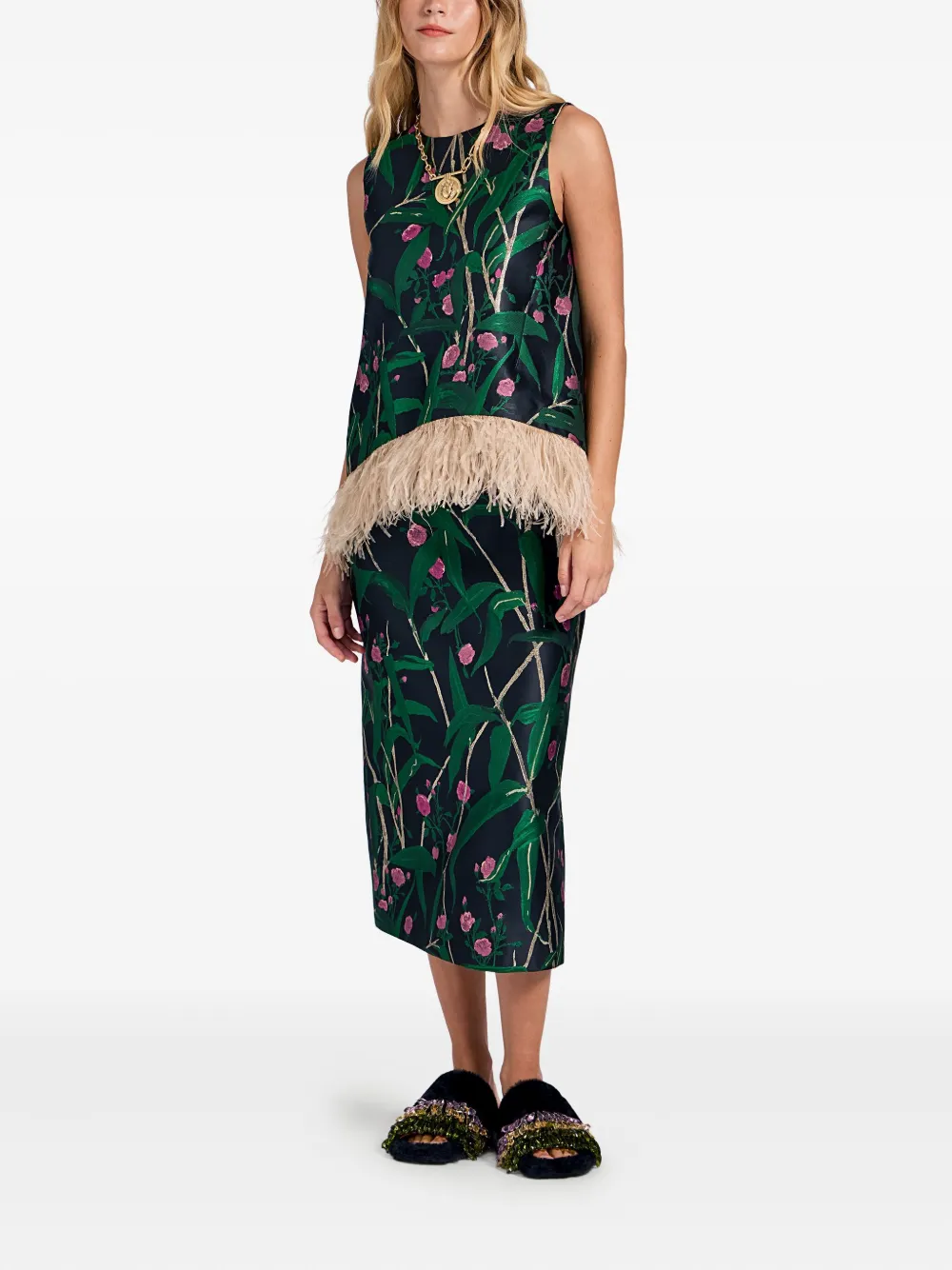 La DoubleJ Rok met bloemenjacquard - Groen