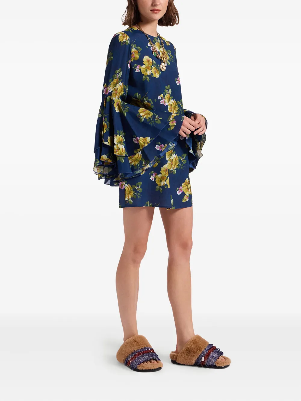 La DoubleJ Mini-jurk met bloemenprint en klokmouwen Blauw