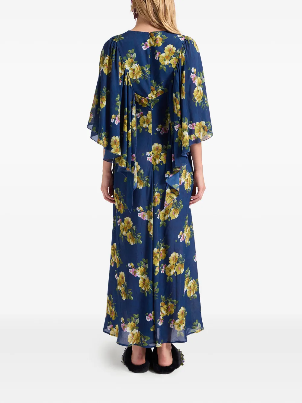 La DoubleJ Maxi-jurk met bloemenprint en capemouwen Blauw