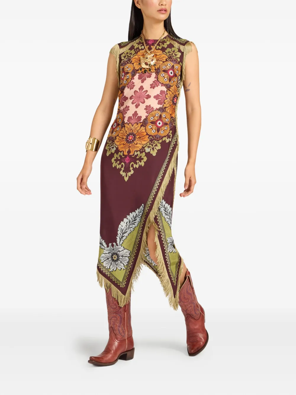 La DoubleJ Asymmetrische jurk met bloemenprint en franje - Bruin