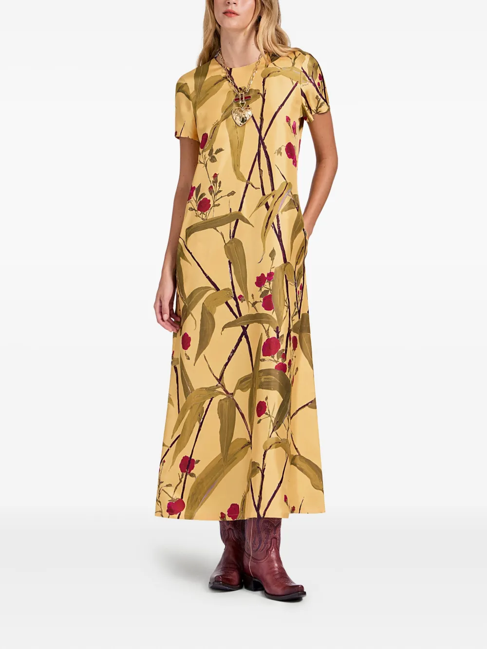 La DoubleJ floral-print swing midi day dress - Geel