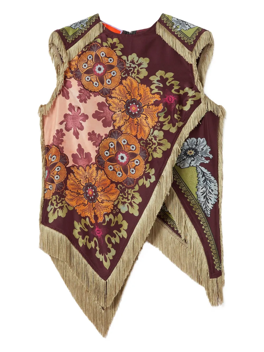 La Doublej Floral-print Fringed Scarf Top In Brown