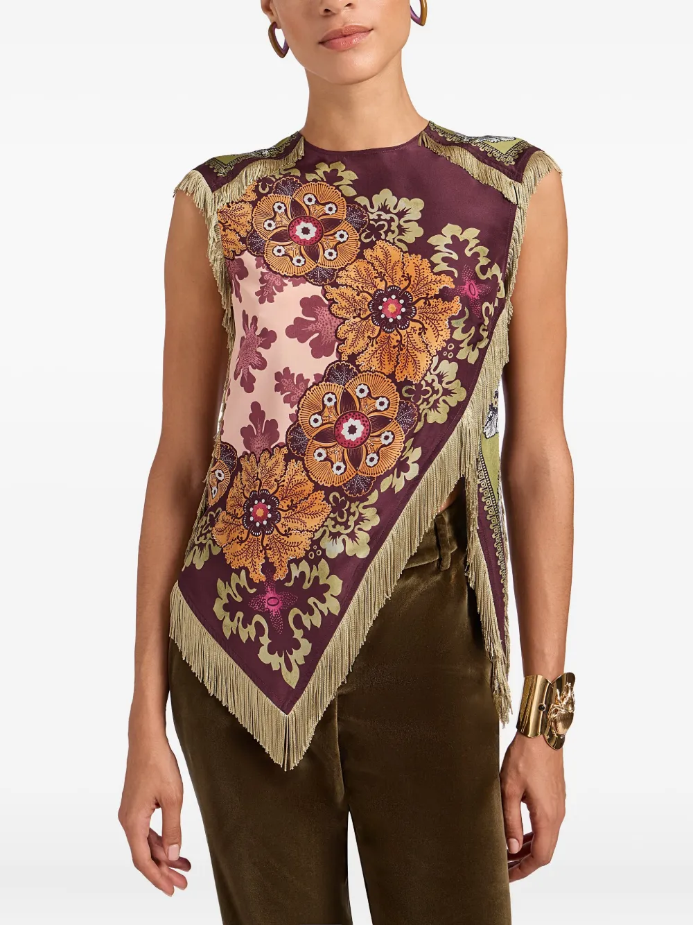 La Doublej Floral-print Fringed Scarf Top In Brown