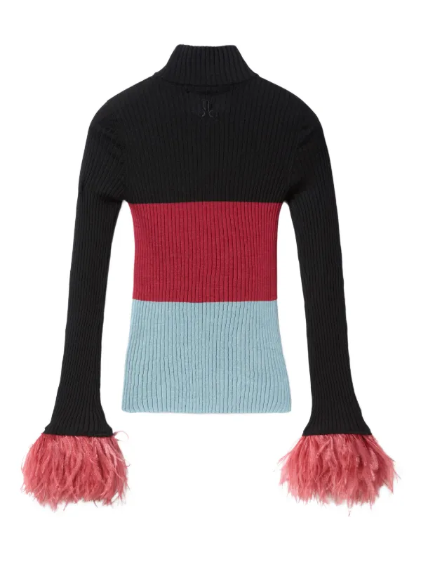 La DoubleJ Feather-trimmed Ribbed Top in Black