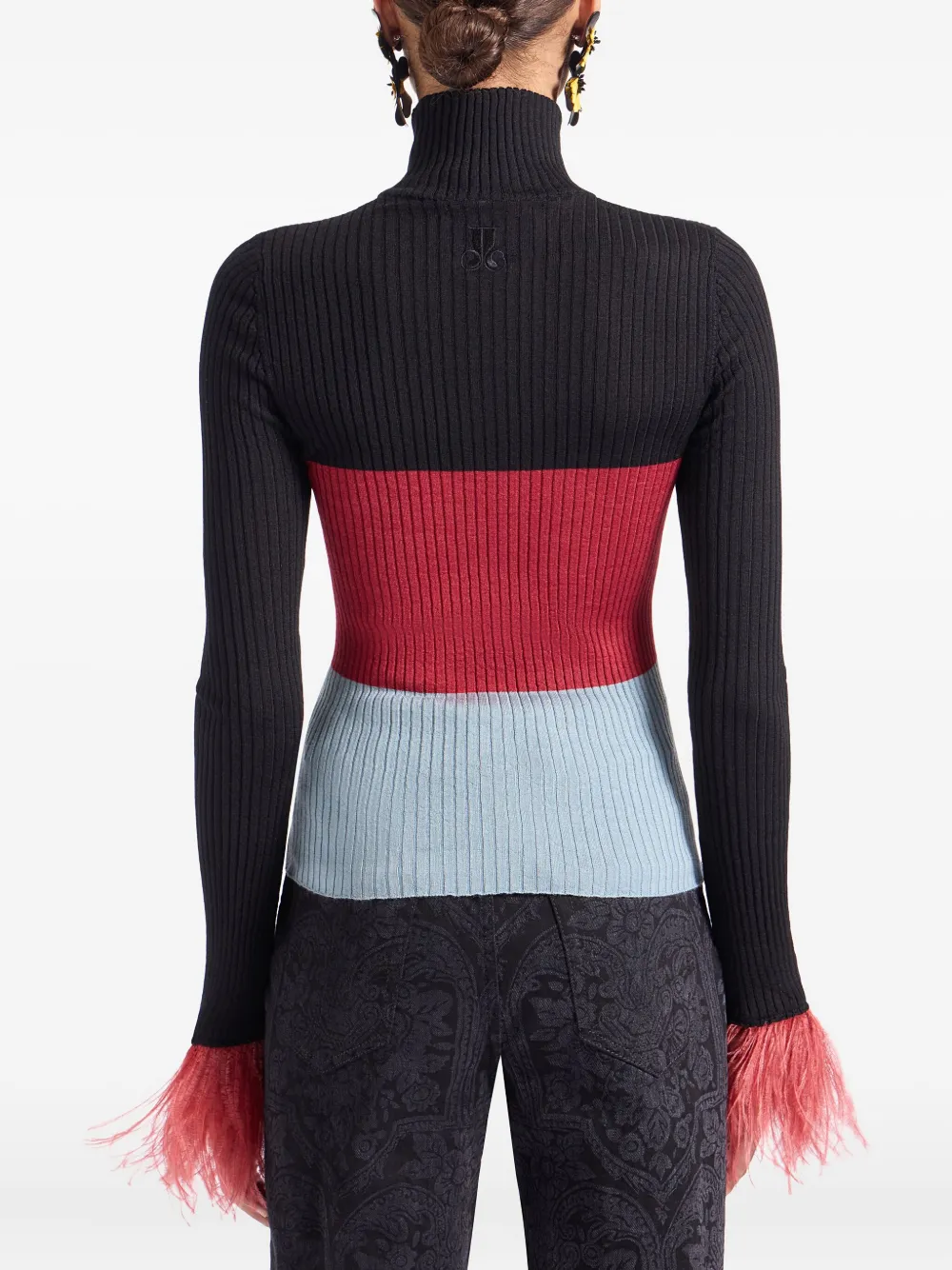 La DoubleJ Geribbelde top met veren Color Block Black
