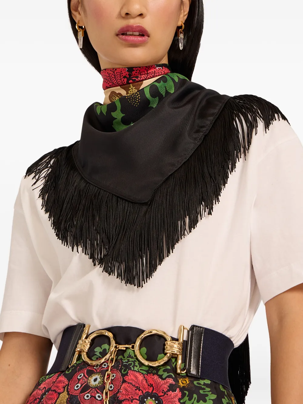 La DoubleJ Omkeerbare sjaal met bloemenprint en franje Zwart