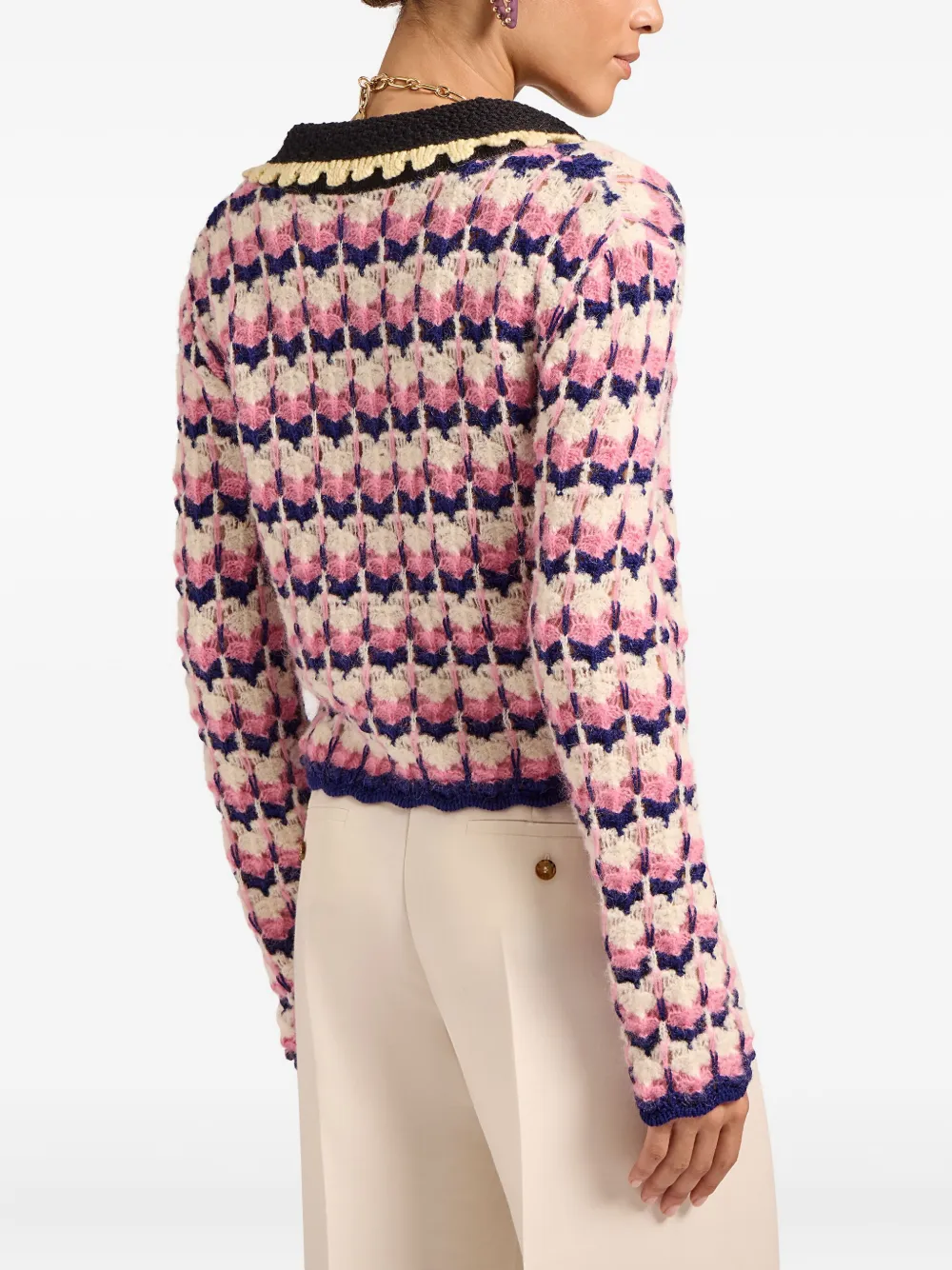 La Doublej Crochet-trimmed Geometric-pattern Sweater In Pink