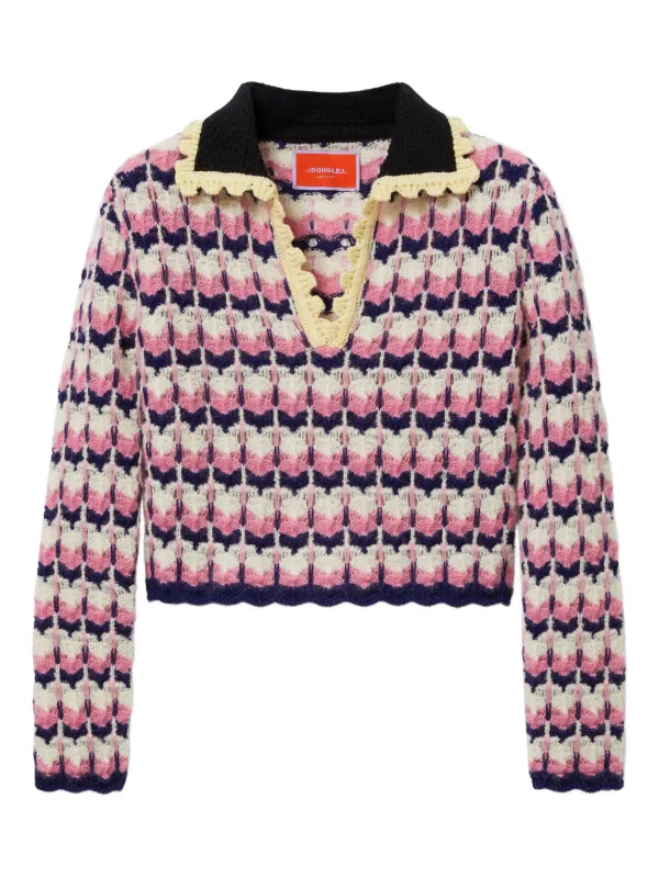 La DoubleJ Crochet-trimmed Geometric-pattern Sweater in Pink