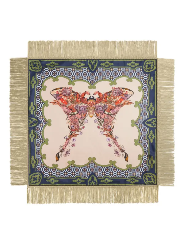 La DoubleJ Butterfly-print Fringed Scarf in Neutrals