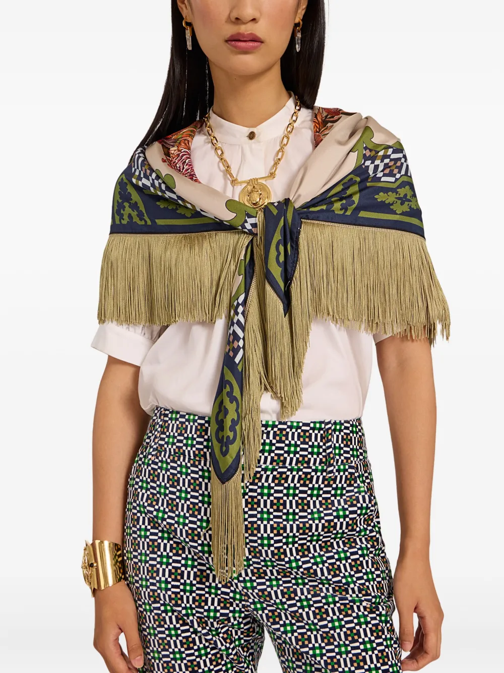 La DoubleJ Sjaal met franje en vlinderprint Beige