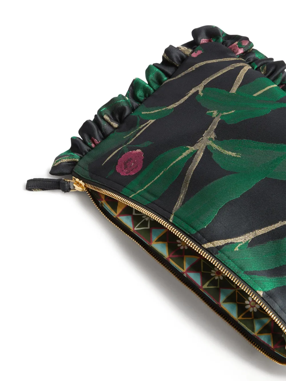 La Doublej Floral-print Ruffled-trim Clutch Bag In Black