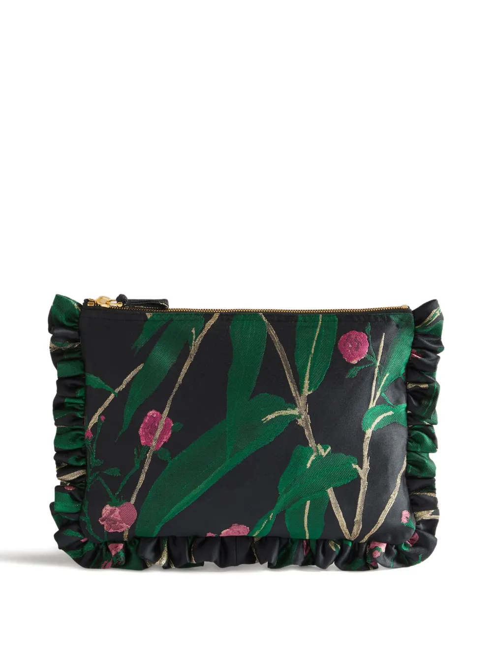 La Doublej Floral-print Ruffled-trim Clutch Bag In Black