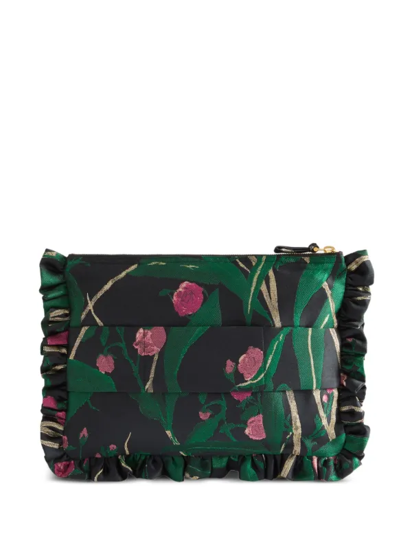 La DoubleJ Floral-print Ruffled-trim Clutch Bag in Black