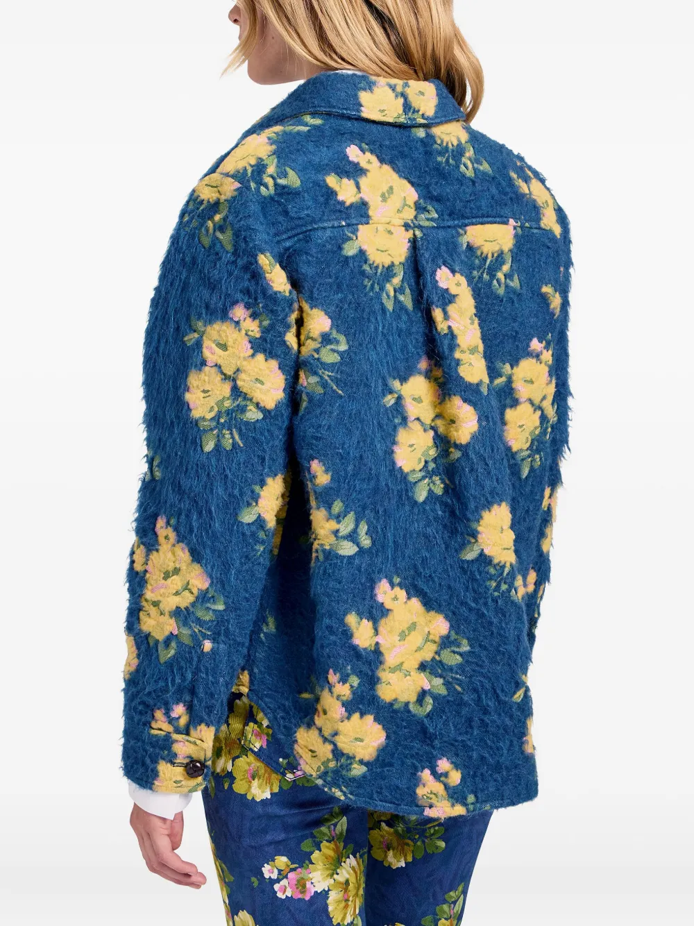 La Doublej Floral-jacquard Button-up Shirt Jacket In Blue