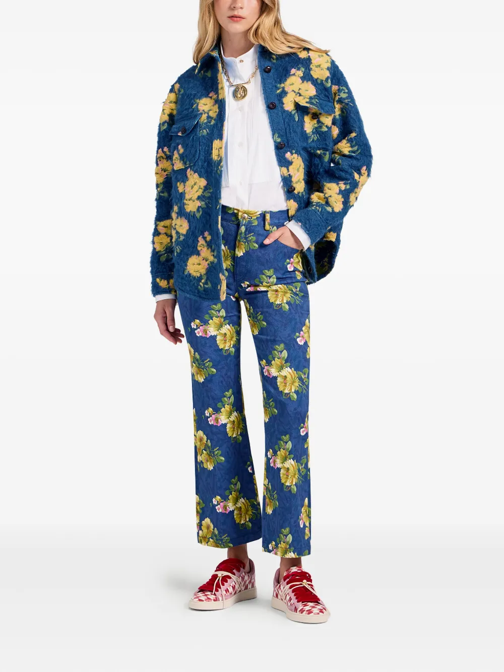 La Doublej Floral-jacquard Button-up Shirt Jacket In Blue
