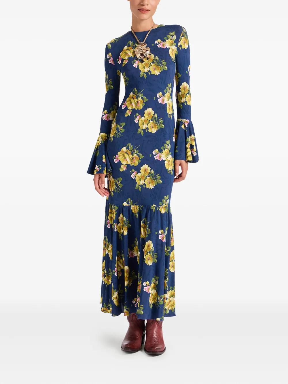La DoubleJ Midi-jurk met klokmouwen en bloemenprint Blauw