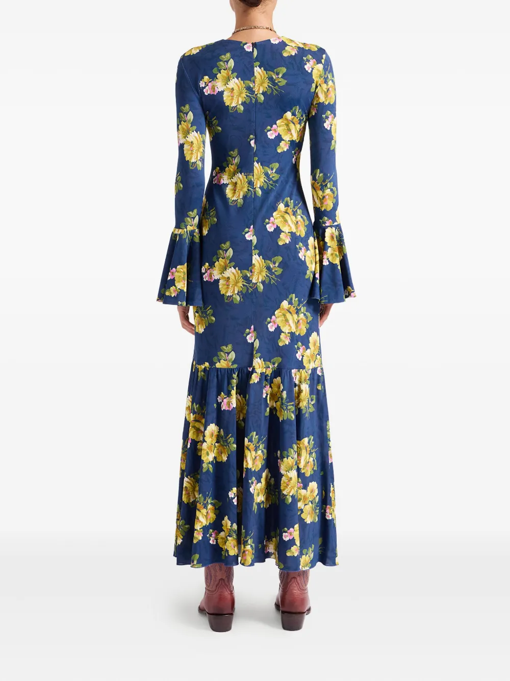 La DoubleJ Midi-jurk met klokmouwen en bloemenprint Blauw