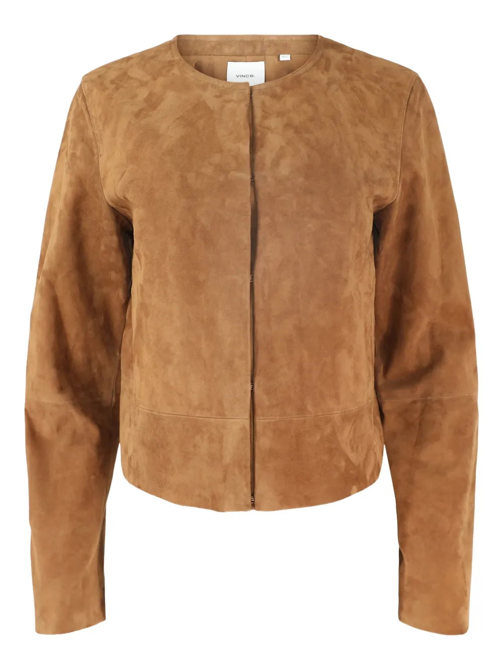 suede collarless jacket