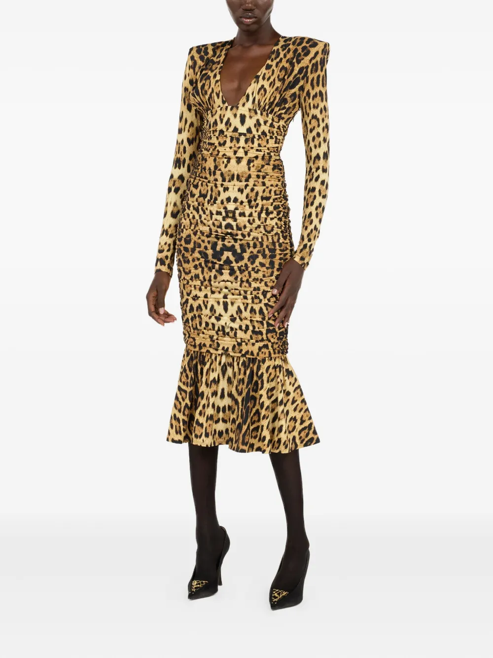 Roberto Cavalli Ruched Leopard-print Midi Dress In Animal Print