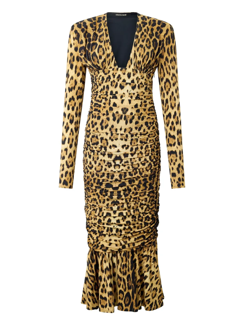 Roberto Cavalli Ruched Leopard-print Midi Dress In Animal Print