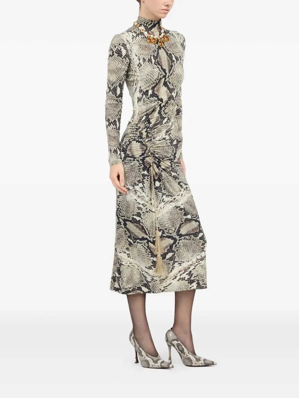 Roberto Cavalli Midi-jurk met pythonprint en ruches Grijs