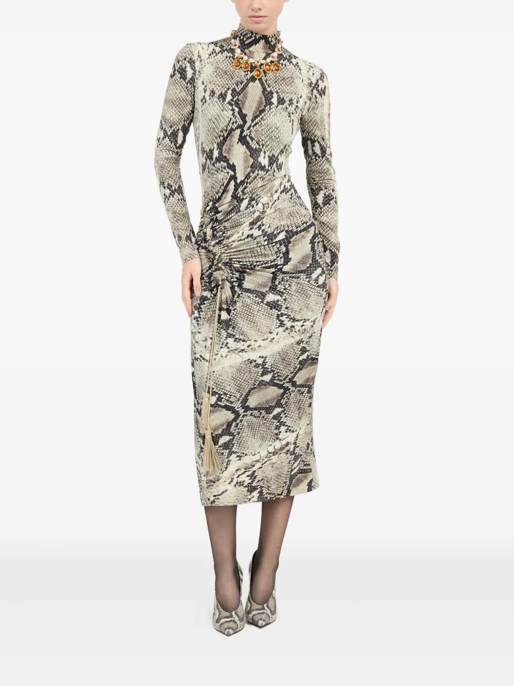 Roberto Cavalli Midi-jurk met pythonprint en ruches Grijs