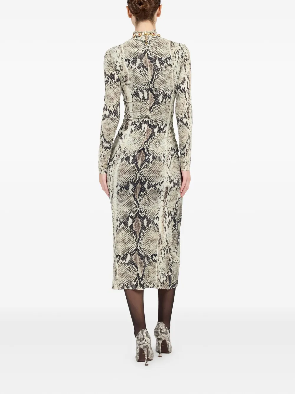 Roberto Cavalli Midi-jurk met pythonprint en ruches Grijs