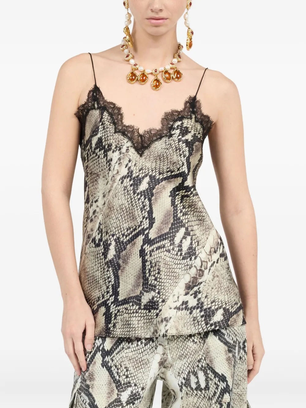 Roberto Cavalli snake-print lace-trimmed top Grijs