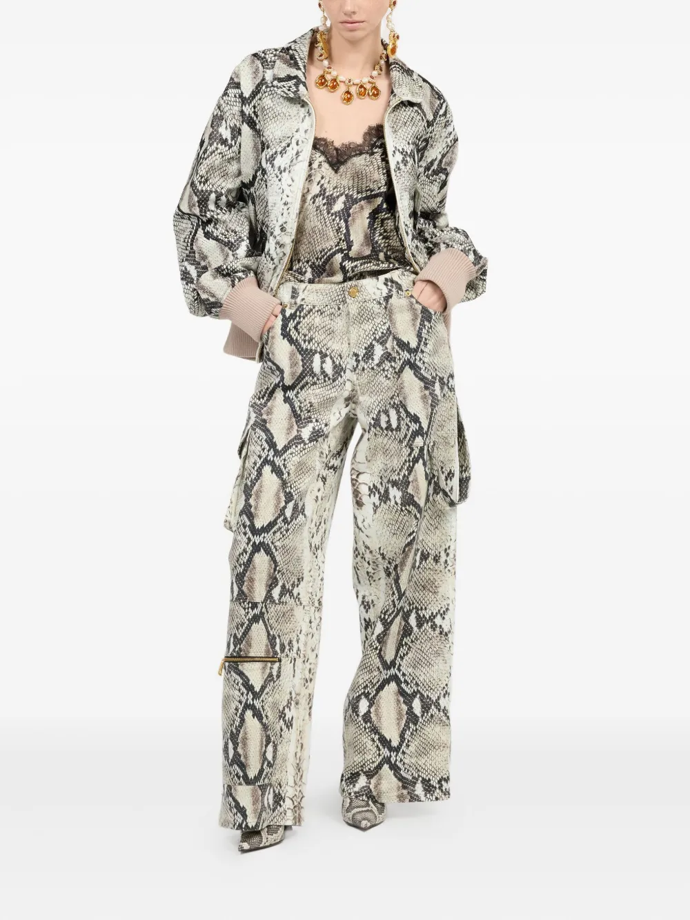Roberto Cavalli snake-print lace-trimmed top Grijs