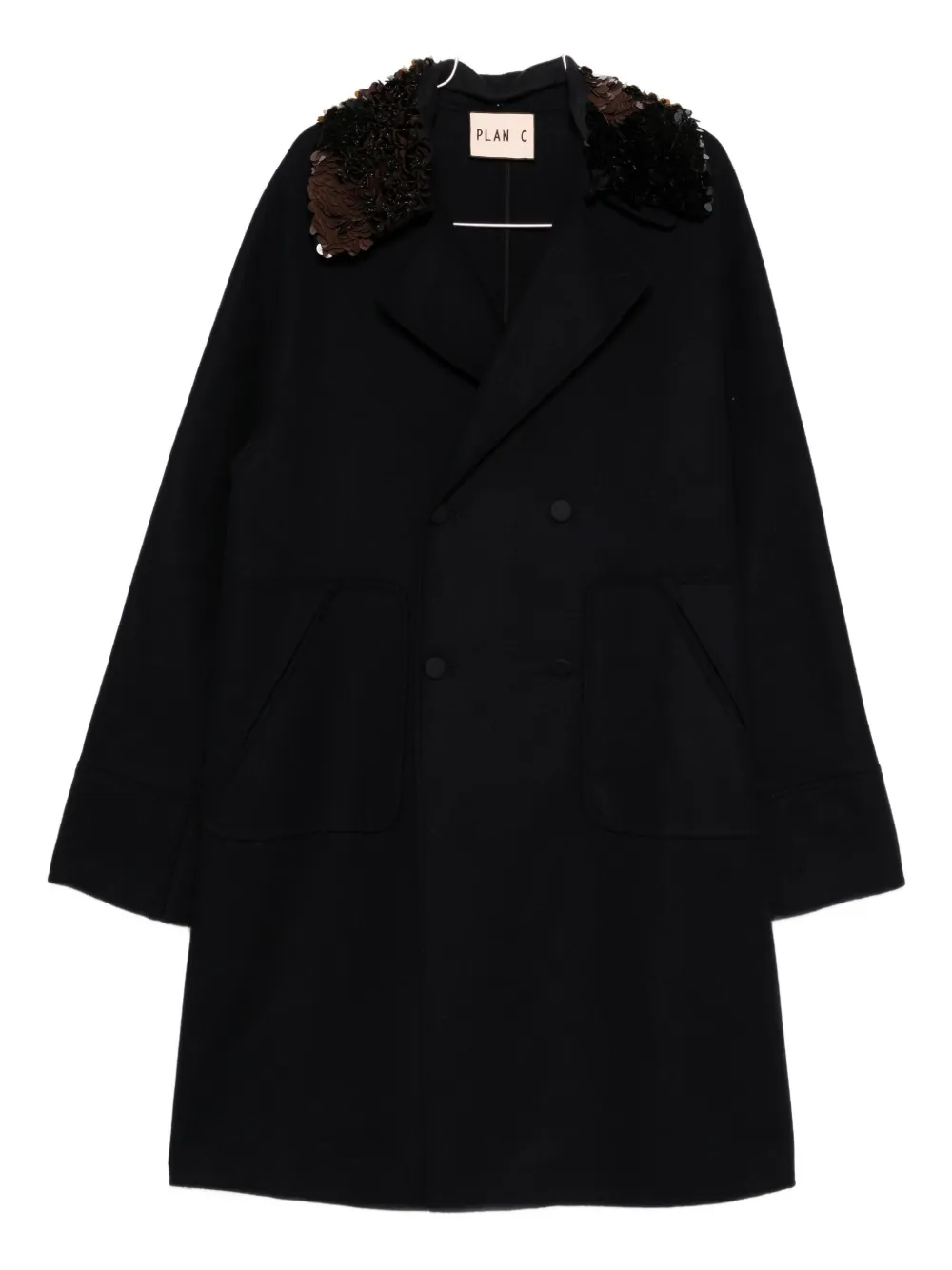 Plan C Sequin-embellished Double-breasted Coat In Black