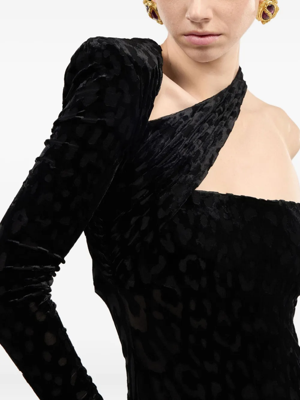 Roberto Cavalli Asymmetrical Black Dress With Jaguar Skin Pattern In Black